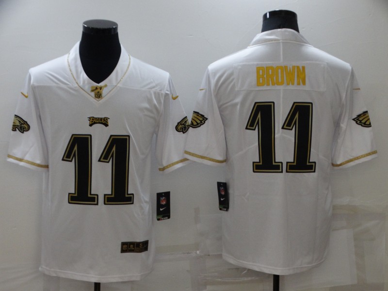 Men's Philadelphia Eagles #11 A. J. Brown 100th Season Golden Edition Stitched Jersey